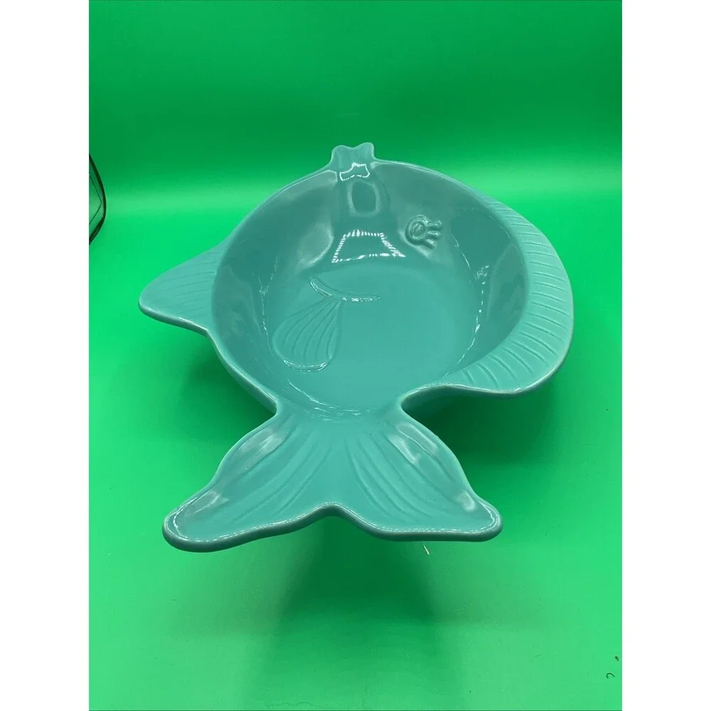 Ceramic Stoneware,TURQUOISE color 14”x 10”x 3.25” Fish Serving Tray,EUC